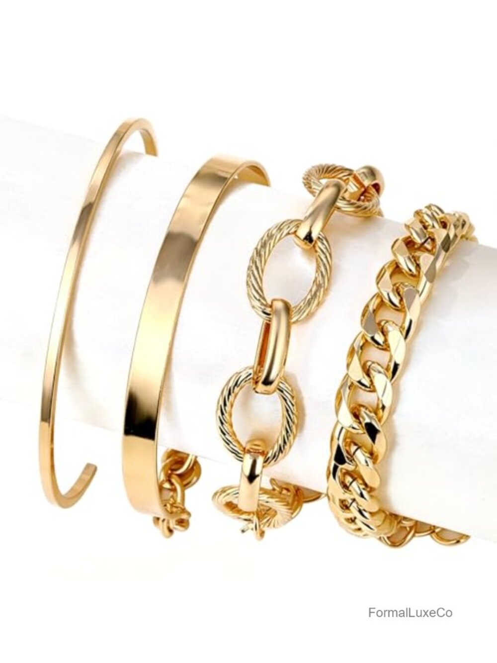 14K Gold Plated Stackable Bracelet Set, Layered Boho Dainty Link Chain & Bangle